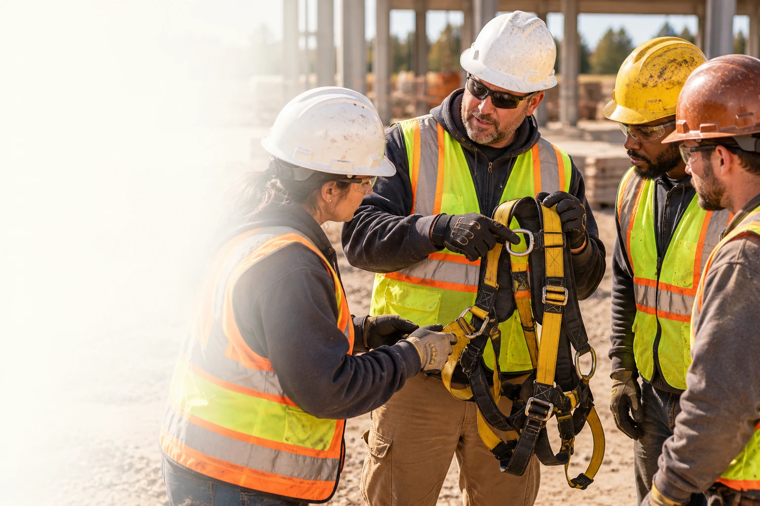 A supervisor leading hands-on harness inspection training with a construction crew at a jobsite