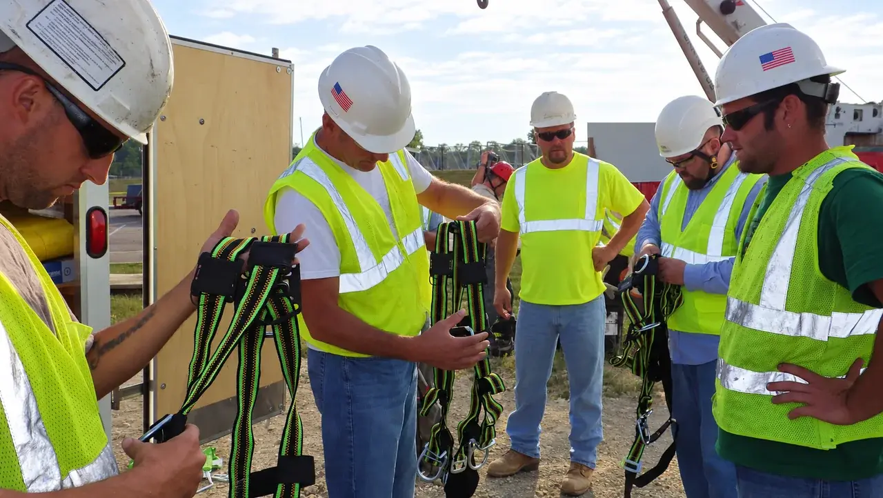Retouched workplace photograph of workers examining fall-protection harnesses during a hands-on group demonstration.