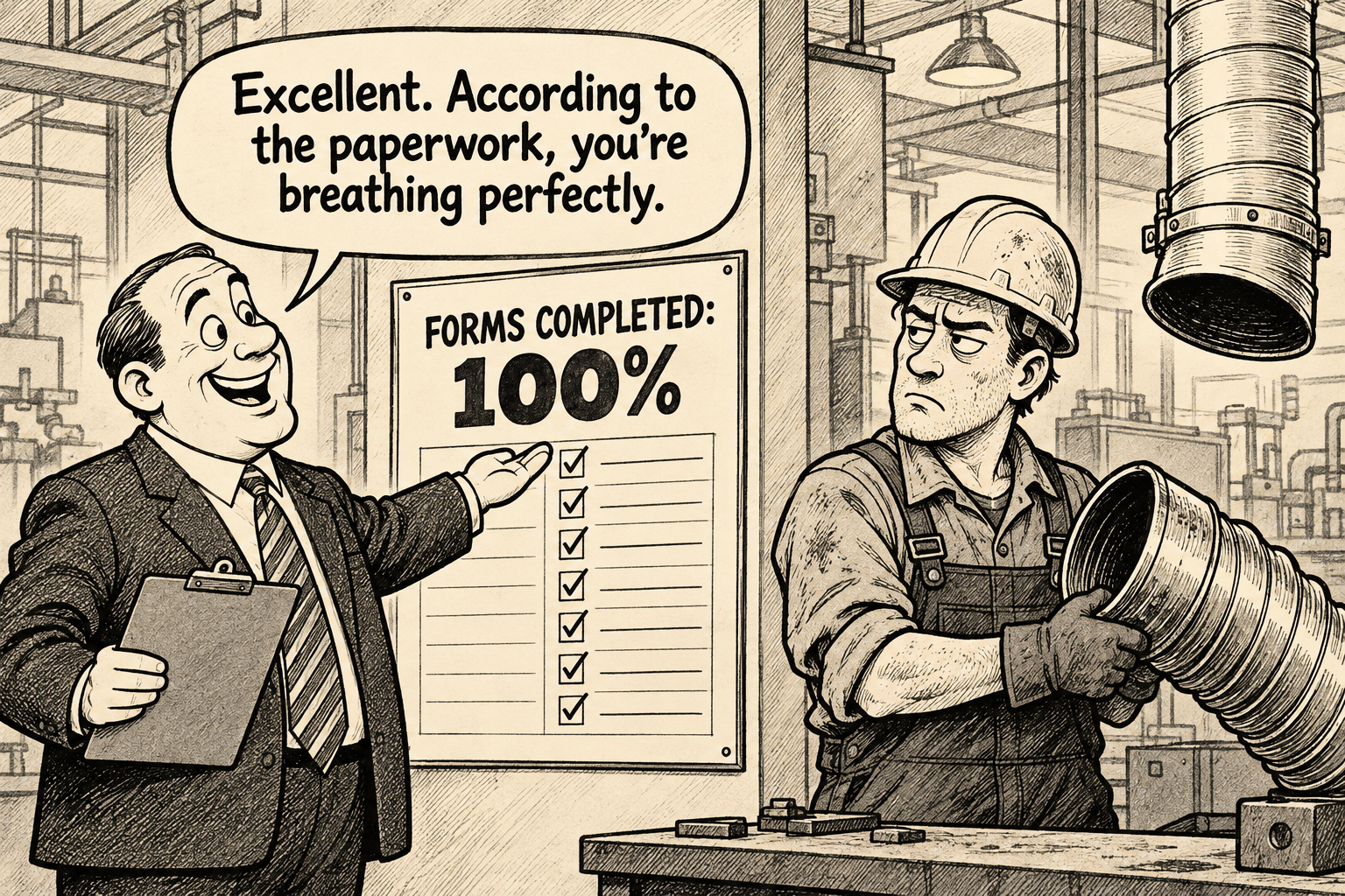 A manager celebrates 100 percent completed forms while a worker holds a disconnected ventilation duct. The manager says: Excellent. According to the paperwork, you’re breathing perfectly.