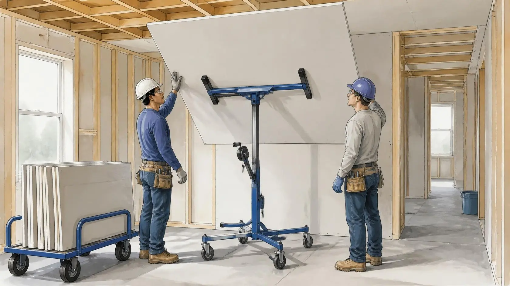 Illustration of two workers beside a drywall panel on a mechanical panel lift, with a drywall cart nearby in an unfinished interior.