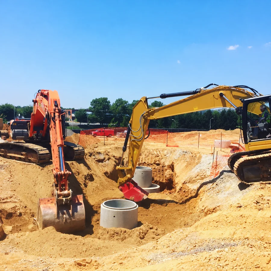 Excavators and concrete manhole sections during underground utility installation