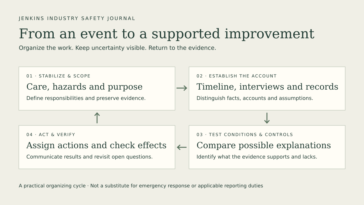 Incident investigation cycle: stabilize and scope; establish the account; test conditions and controls; act and verify. Return to the evidence when questions remain.